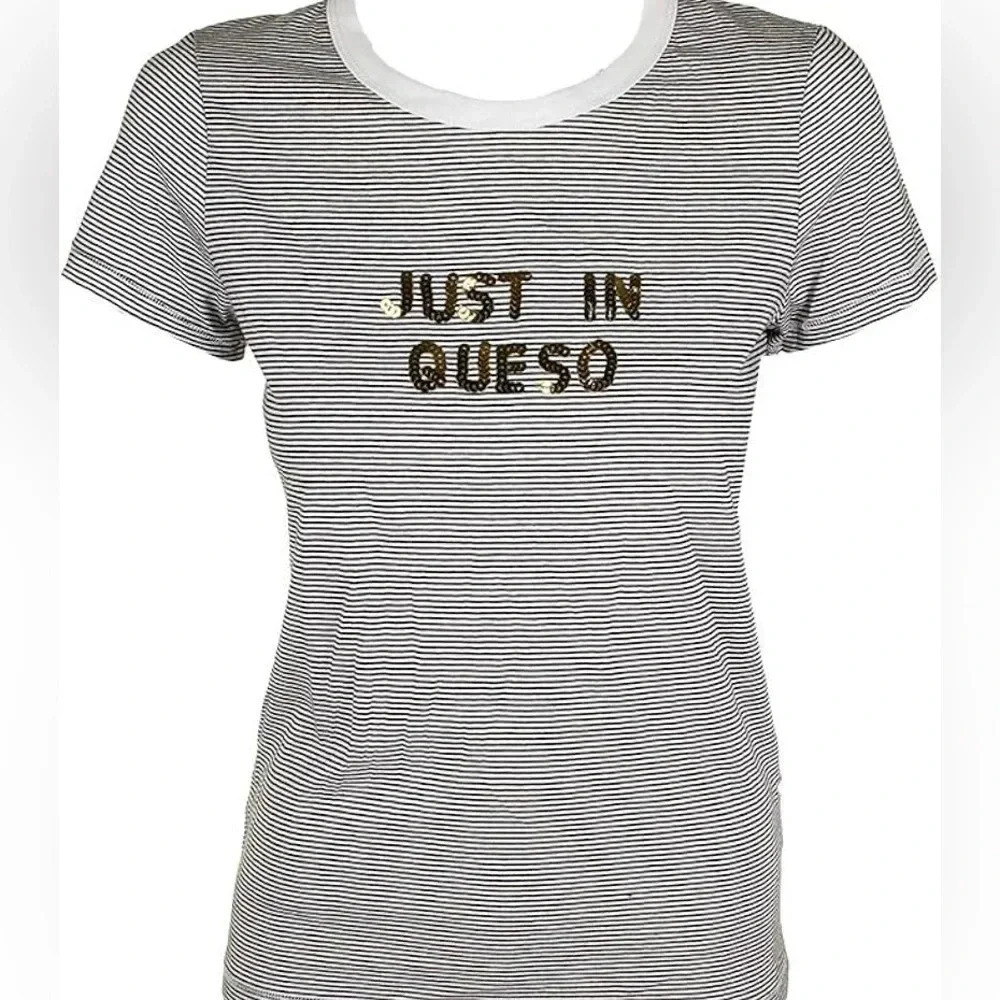 Bow & Drape Just in Queso Women's Sequin Striped T-Shirt Small Black/White NWT